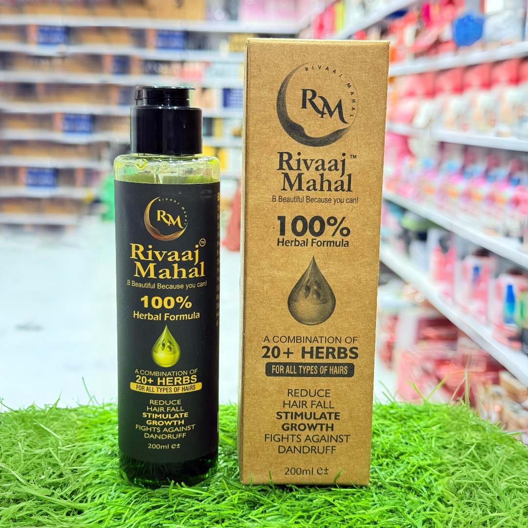 Rivaaj Mahal hair care product with bottle and box on grass with store shelves in the background